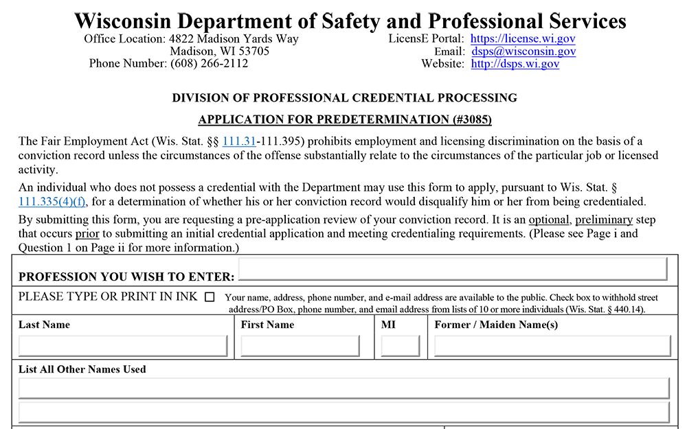 Screenshot of State of Wisconsin website for Department of Safety and Professional Services showing a PDF copy of the Application for Predetermination form.