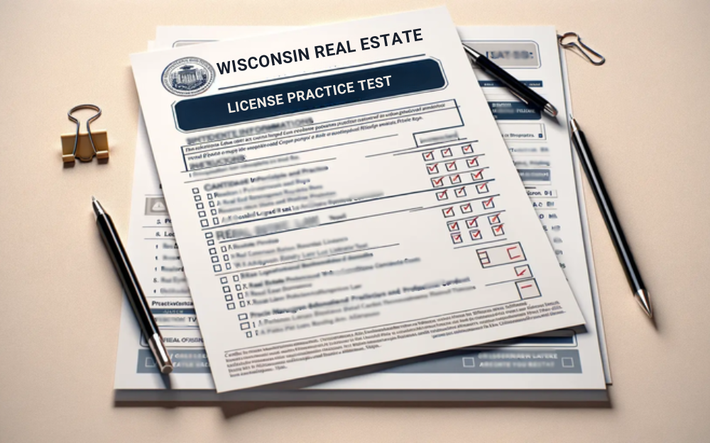 A Wisconsin real estate license practice test on a desk with pens and a binder clip.